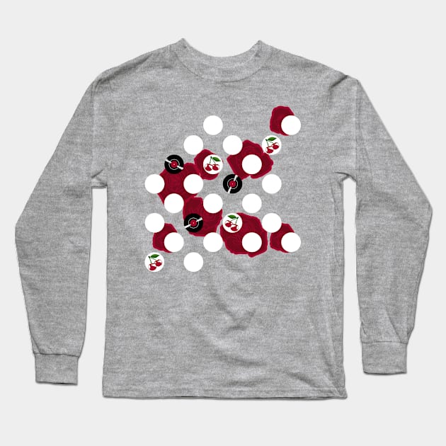 Rockabilly records, cherries and roses Long Sleeve T-Shirt by nobelbunt